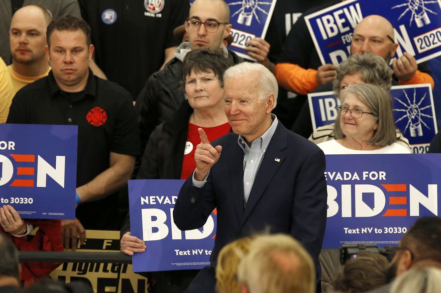 Democratic presidential candidate, former Vice President Joe Biden smiles during a campaign event in Reno, Nev., Monday, Feb. 17, 2020. (AP Photo/Rich Pedroncelli)