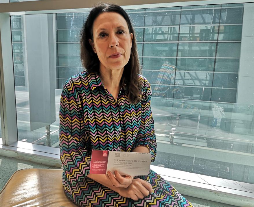 This photograph provided by Harpreet Upal, an accompanying aide of British Member of Parliament Debbie Abrahams shows Abrahams at the Indira Gandhi International Airport in New Delhi, India, Monday, Feb. 17, 2020. Indian officials denied the British lawmaker entry on Monday after she landed at New Delhi's Indira Gandhi International Airport, according to Harpreet Upal, an accompanying aide. (Harpreet Upal via AP)