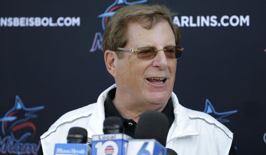 Miami Marlins majority owner Bruce Sherman talks to the media during the first full-squad spring training baseball workout Monday, Feb. 17, 2020, in Jupiter, Fla. (David Santiago/Miami Herald via AP)