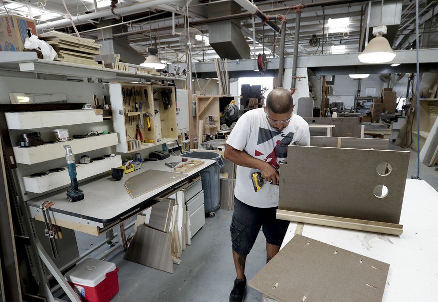 A worker assembles cabinets before they are installed in a boat at Regal Marine Industries in Orlando, Fla., Wednesday, July 11, 2018. Some U.S. manufacturers are feeling the impact of tariffs of up to 25 percent that the Trump administration has imposed on thousands of products imported from China, Europe, Mexico, Canada, India and Russia, and of retaliatory tariffs that countries have put on U.S. exports. Among the products the U.S. has targeted are aluminum, steel and goods made from those metals, vehicles and their components and computer parts. The retaliation has hit U.S. makers of food and farm products, alcoholic beverages and boats and other vehicles. (AP Photo/John Raoux)