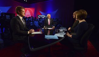 U.S. Rep. Joe Kennedy III, D-Mass, left, and Sen. Ed Markey, second from left, square off in the first senate primary debate hosted by WGBH News on Tuesday, Feb. 18, 2020 at the WGBH Studios in Boston. Moderators Margery Egan, right, and Jim Braude speak with the candidates. (Meredith Nierman/WGBH via AP, Pool)