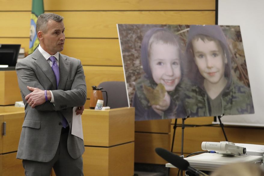 Ted Buck, an attorney for Chuck and Judy Cox, the parents of missing Utah woman Susan Cox Powell and the grandparents of Susan's sons Charlie and Braden, who were attacked and killed by their father Josh Powell in 2012 while he was under suspicion for Susan Powell's disappearance, makes his opening arguments, Tuesday, Feb. 18, 2020, in Pierce County Superior Court in Tacoma, Wash., on the first day of a civil lawsuit over the murder of her young sons by Josh Powell. The Coxes allege that negligence by the Washington state Department of Social and Health Services was a contributing factor that led to the deaths of their grandsons. (AP Photo/Ted S. Warren)