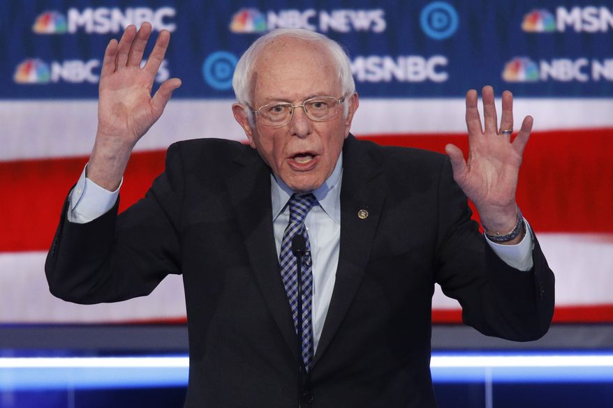 Democratic presidential candidate, Sen. Bernie Sanders, I-Vt., speaks during a Democratic presidential primary debate Wednesday, Feb. 19, 2020, in Las Vegas, hosted by NBC News and MSNBC. (AP Photo/John Locher)