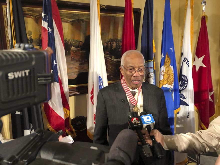 Retired Air Force Col. Guion Bluford discusses his career as a fighter pilot in Vietnam and later as the first black astronaut in space at a news conference on Thursday, Feb. 20, 2020, in Columbus, Ohio. Bluford, 77, was presented with the Ohio Distinguished Service Medal, the state's highest non-combat decoration for service, by Gov. Mike DeWine. (AP Photo/Andrew Welsh-Huggins)