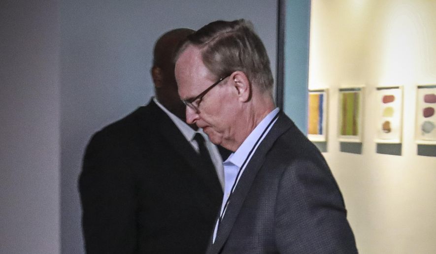 John Mara, owner of the New York Giants of the National Football League (NFL), arrive for a meeting with NFL owners to discuss a proposed labor agreement, Thursday Feb. 20, 2020, in New York. (AP Photo/Bebeto Matthews)