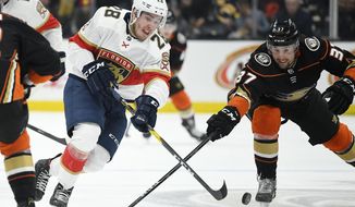 Florida Panthers center Aleksi Saarela, left, and Anaheim Ducks left wing Nick Ritchie vie for the puck during the first period of an NHL hockey game Wednesday, Feb. 19, 2020, in Anaheim, Calif. (AP Photo/Mark J. Terrill)