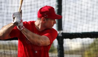 St. Louis Cardinals&#39; Paul Goldschmidt takes his turn in the batting cage during spring training baseball practice Wednesday, Feb. 12, 2020, in Jupiter, Fla. (AP Photo/Jeff Roberson)