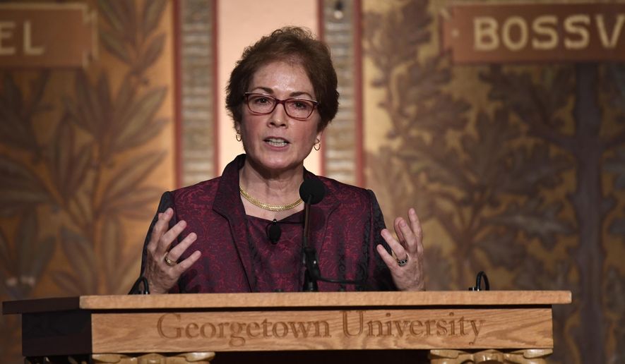 Former U.S. Ambassador to Ukraine Marie Yovanovitch speaks at Georgetown University in Washington, Wednesday, Feb. 12, 2020. She was awarded the 2020 J. Raymond &amp;quot;Jit&amp;quot; Trainor Award for Excellence in the Conduct of Diplomacy. (AP Photo/Susan Walsh)