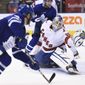Toronto Maple Leafs left wing Pierre Engvall (47) scores his team&#39;s third goal of the game against Carolina Hurricanes emergency goalie David Ayres (90) during second-period NHL hockey game action in Toronto, Saturday, Feb. 22, 2020. (Frank Gunn/The Canadian Press via AP)