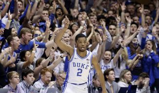 Duke guard Cassius Stanley (2) reacts following a basket against Virginia Tech during the first half of an NCAA college basketball game in Durham, N.C., Saturday, Feb. 22, 2020. (AP Photo/Gerry Broome)