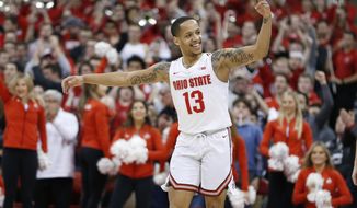 Ohio State&#x27;s C.J. Walker celebrates a win over Maryland in an NCAA college basketball game Sunday, Feb. 23, 2020, in Columbus, Ohio. (AP Photo/Jay LaPrete)