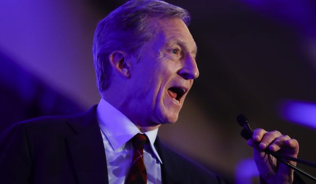 Democratic presidential candidate businessman Tom Steyer speaks at the First in the South Dinner, Monday, Feb. 24, 2020, in Charleston, S.C. (AP Photo/Matt Rourke)