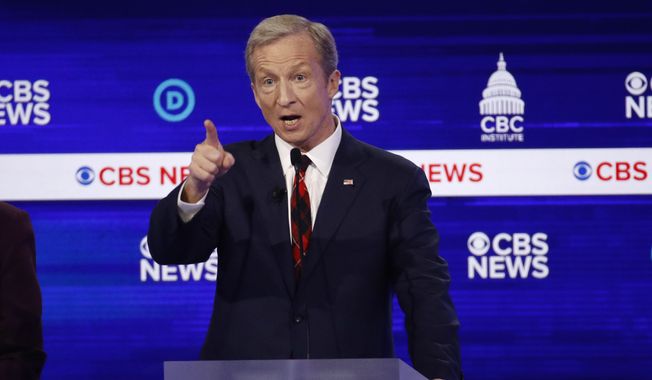Democratic presidential candidate businessman Tom Steyer speaks during a Democratic presidential primary debate at the Gaillard Center, Tuesday, Feb. 25, 2020, in Charleston, S.C., co-hosted by CBS News and the Congressional Black Caucus Institute. (AP Photo/Patrick Semansky)