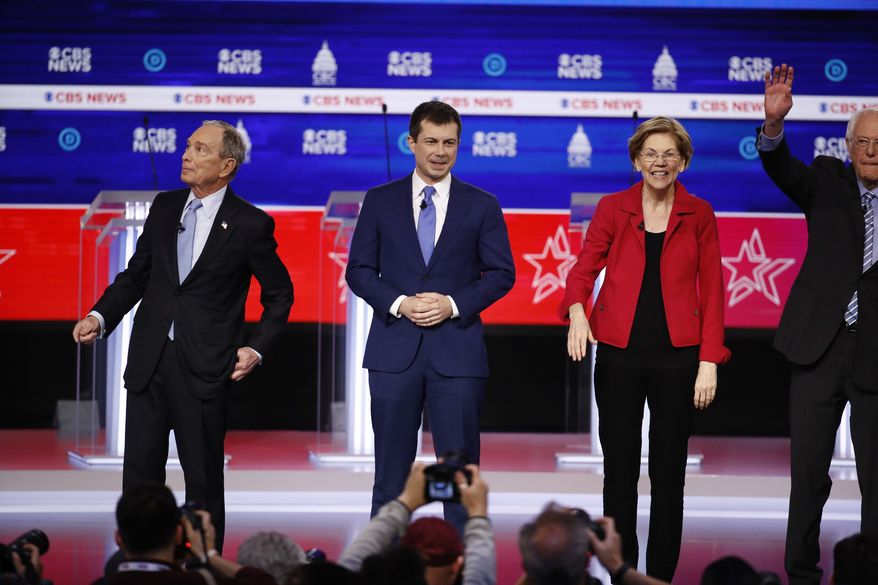From left, Democratic presidential candidates, former New York City Mayor Mike Bloomberg, former South Bend Mayor Pete Buttigieg, Sen. Elizabeth Warren, D-Mass., and Sen. Bernie Sanders, I-Vt., stand on stage before a Democratic presidential primary debate at the Gaillard Center, Tuesday, Feb. 25, 2020, in Charleston, S.C., co-hosted by CBS News and the Congressional Black Caucus Institute. (AP Photo/Patrick Semansky)