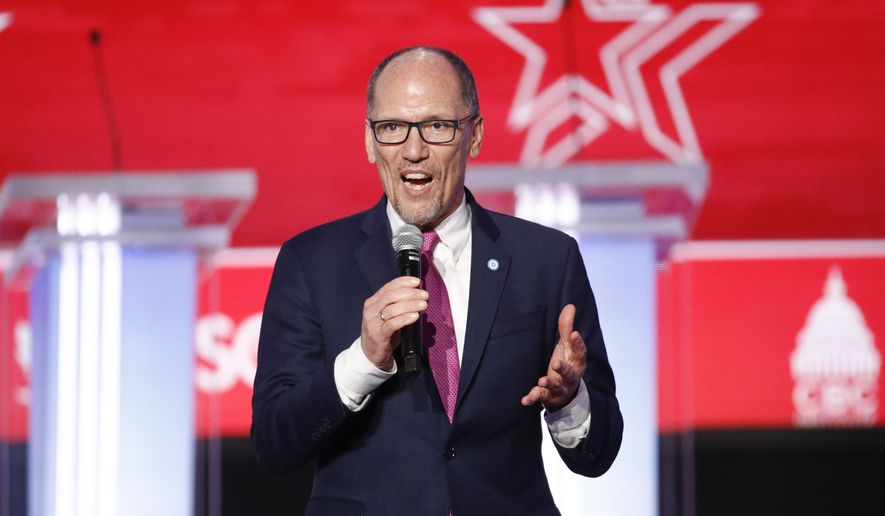 Democratic National Committee chair Tom Perez speaks before the start of the Democratic presidential primary debate at the Gaillard Center, Tuesday, Feb. 25, 2020, in Charleston, S.C., co-hosted by CBS News and the Congressional Black Caucus Institute. (AP Photo/Patrick Semansky) ** FILE **