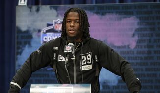 Alabama wide receiver Jerry Jeudy speaks during a press conference at the NFL football scouting combine in Indianapolis, Tuesday, Feb. 25, 2020. (AP Photo/Michael Conroy) **FILE**