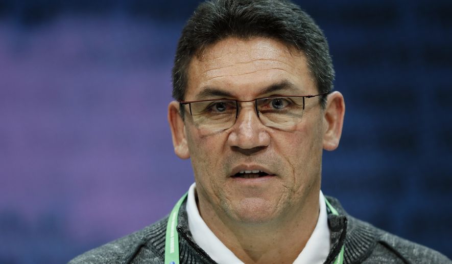 Washington Redskins head coach Ron Rivera speaks during a press conference at the NFL football scouting combine in Indianapolis, Wednesday, Feb. 26, 2020. (AP Photo/Charlie Neibergall)