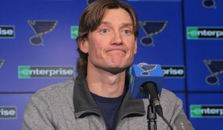 St. Louis Blues defenseman Jay Bouwmeester reacts to a question about his injury during a press conference, Wednesday, Feb. 26, 2020, at the Enterprise Center in St. Louis. Bouwmeester says he is feeling better since suffering a cardiac episode during an NHL game, but he is not ready to make a decision on his hockey future. Bouwmeester commented publicly Wednesday for the first time since he collapsed on the Blues&#39; bench during a game at Anaheim earlier this month. (J.B. Forbes/St. Louis Post-Dispatch via AP)