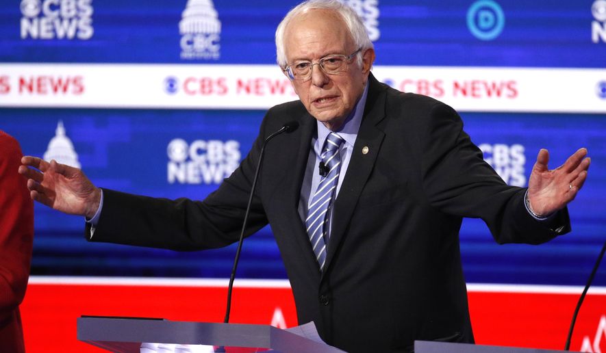 Democratic presidential candidates Sen. Bernie Sanders, I-Vt., speaks during a Democratic presidential primary debate at the Gaillard Center, Tuesday, Feb. 25, 2020, in Charleston, S.C., co-hosted by CBS News and the Congressional Black Caucus Institute. (AP Photo/Patrick Semansky)