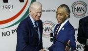 The Rev. Al Sharpton, right, introduces Democratic presidential candidate former Vice President Joe Biden at the National Action Network South Carolina Ministers&#39; Breakfast, Wednesday, Feb. 26, 2020, in North Charleston, S.C. (AP Photo/Matt Rourke)