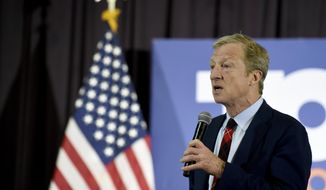Democratic presidential hopeful Tom Steyer speaks at a town hall campaign event on Wednesday, Feb. 26, 2020, in Georgetown, S.C. (AP Photo/Meg Kinnard)