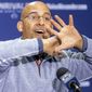 Penn State head coach James Franklin speaks during an NCAA college football news conference, Wednesday, Feb. 5, 2020, in State College, Pa. (Joe Hermitt/The Patriot-News via AP)