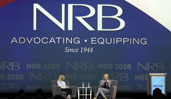 Education Secretary Betsy DeVos, right, speaks at the National Religious Broadcasters Convention Wednesday, Feb. 26, 2020, in Nashville, Tenn, with moderator Allie Stuckey. On Monday, May 22, 2023, members of the National Religious Broadcasters gather in Orlando to trade industry experiences, celebrate Israel&#x27;s 75th anniversary, and hear from one potential 2024 GOP presidential candidate. (AP Photo/Mark Humphrey/File)