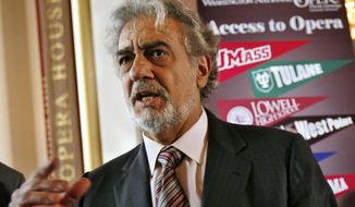 FILE - In this May 23, 2007, file photo, Placido Domingo, general director of the Washington National Opera, speaks during a news conference in Washington about a simulcast of a performance of La Boheme. An investigation into Domingo by the U.S. union representing opera performers found more than two dozen people who said they were sexually harassed or witnessed inappropriate behavior by the superstar when he held senior management positions at Washington National Opera and Los Angeles Opera, according to people familiar with the findings. (AP Photo/Jacquelyn Martin, File)