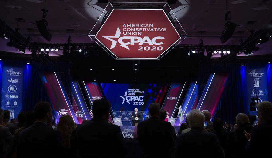 Vice President Mike Pence speaks during the Conservative Political Action Conference, CPAC 2020, at the National Harbor, in Oxon Hill, Md., Thursday, Feb. 27, 2020. (AP Photo/Jose Luis Magana) **FILE**


