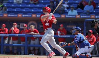 St. Louis Cardinals&#39; Paul Goldschmidt (46) follows through on a solo home run during the first inning of a spring training baseball game against the New York Mets Friday, Feb. 28, 2020, in Port St. Lucie, Fla. (AP Photo/Jeff Roberson)