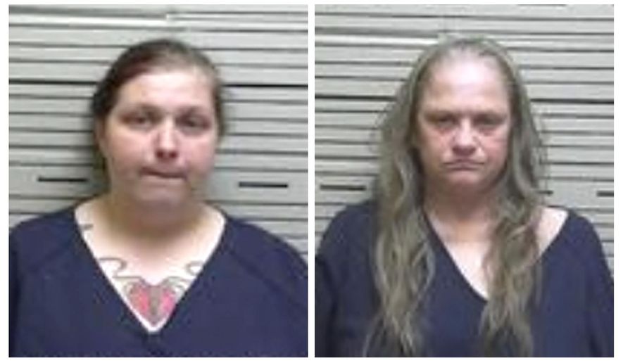 This combination of Sept. 20, 2018 booking photos from the Autauga County (Alabama) Sheriff’s Office shows Dannielle Nicole Martin, left, and Vickie Seale Higgenbotham. Martin and her mother, Higgenbotham, were each sentenced to 20 years in prison on Thursday, Feb. 27, 2020. They pleaded guilty to aggravated child abuse after Martin’s teenaged son was found naked and chained in their home. (Autauga County Sheriff's Office via AP)