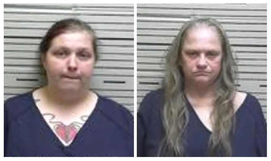 This combination of Sept. 20, 2018 booking photos from the Autauga County (Alabama) Sheriff’s Office shows Dannielle Nicole Martin, left, and Vickie Seale Higgenbotham. Martin and her mother, Higgenbotham, were each sentenced to 20 years in prison on Thursday, Feb. 27, 2020. They pleaded guilty to aggravated child abuse after Martin’s teenaged son was found naked and chained in their home. (Autauga County Sheriff's Office via AP)