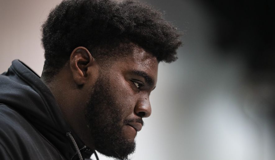 Louisville offensive lineman Mekhi Becton speaks during a press conference at the NFL football scouting combine in Indianapolis, Wednesday, Feb. 26, 2020. (AP Photo/Michael Conroy)