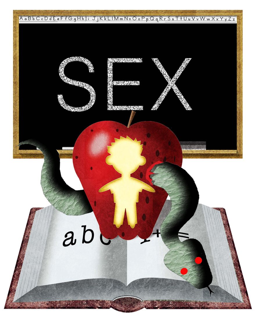 Illustration on the sexualization of public education by Alexander Hunter/The Washington Times