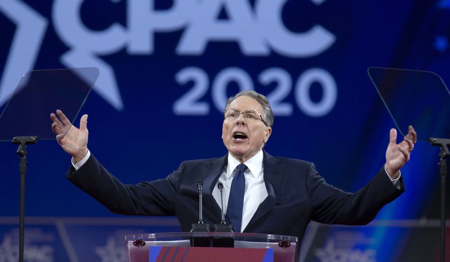 National Rifle Association Executive Vice President and CEO Wayne LaPierre speaks at Conservative Political Action Conference, CPAC 2020, at the National Harbor, in Oxon Hill, Md., Saturday, Feb. 29, 2020. (AP Photo/Jose Luis Magana) **FILE**