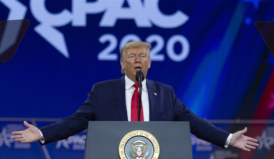 President Donald Trump speaks during Conservative Political Action Conference, CPAC 2020, at the National Harbor, in Oxon Hill, Md., Saturday, Feb. 29, 2020. (AP Photo/Jose Luis Magana)  **FILE**