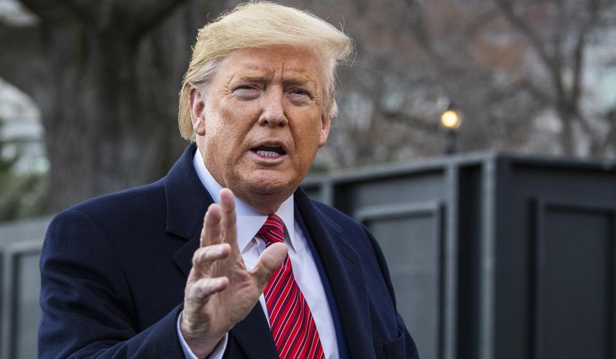 President Donald Trump speaks to reporters before leaving the White House, Friday, Feb. 28, 2020, in Washington, to attend a campaign rally in North Charleston, S.C. (AP Photo/Manuel Balce Ceneta)