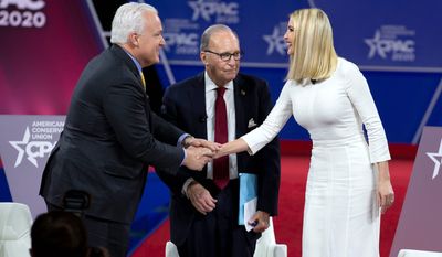 Ivanka Trump, seen here shaking hands with Matthew Schlapp, chairman of the American Conservative Union, was one of the names activists floated for leading the party in a post-Trump world.