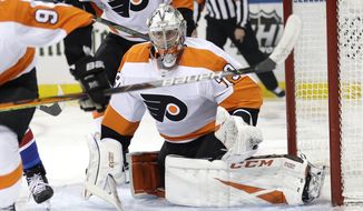 Philadelphia Flyers goaltender Carter Hart itches the puck during the second period of the NHL hockey game against the New York Rangers, Sunday, March 1, 2020, in New York. (AP Photo/Seth Wenig)