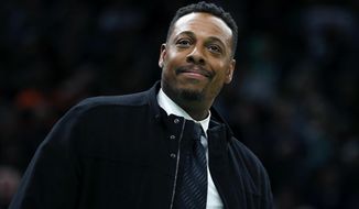 Former Boston Celtic Paul Pierce attends the NBA basketball game between the Celtics and the Houston Rockets in Boston, Saturday, Feb. 29, 2020. (AP Photo/Michael Dwyer)