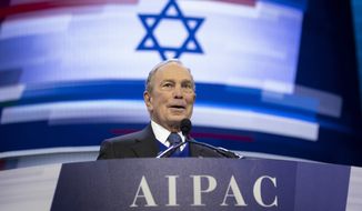 Democratic presidential candidate and former New York City Mayor Mike Bloomberg speaks at the American Israel Public Affairs Committee (AIPAC) 2020 Conference, Monday, March 2, 2020 in Washington. (AP Photo/Alex Brandon)