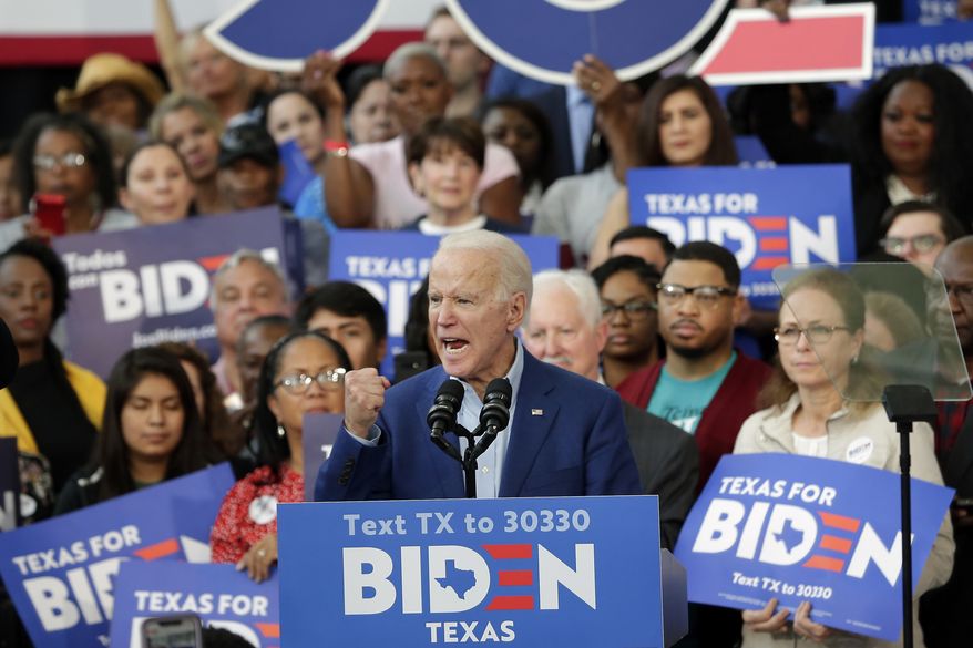 Democratic presidential candidate former Vice President Joe Biden speaks during a campaign rally Thursday, March 2, 2020, at Texas Southern University in Houston. (AP Photo/Michael Wyke)