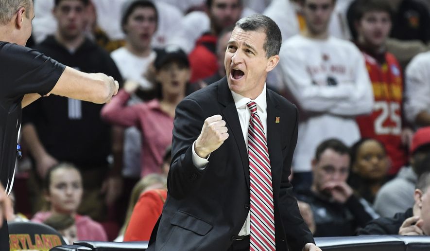 Maryland head coach Mark Turgeon reacts to a foul call during the first half of an NCAA college basketball game against Michigan State Saturday, February 29, 2020, in College Park, Md. (AP Photo/Terrance Williams) **FILE**