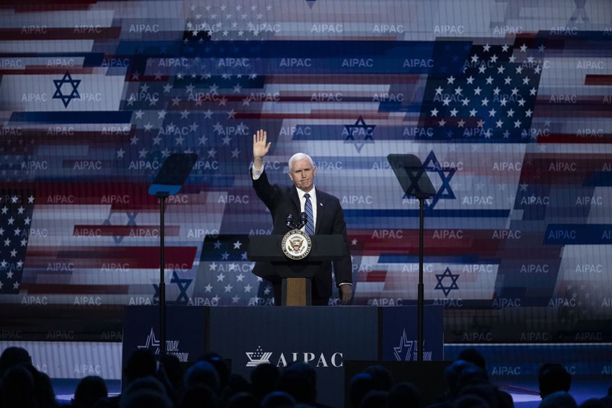 Vice President Mike Pence waves after speaking at the American Israel Public Affairs Committee (AIPAC) 2020 Conference, Monday, March 2, 2020 in Washington. (AP Photo/Alex Brandon)