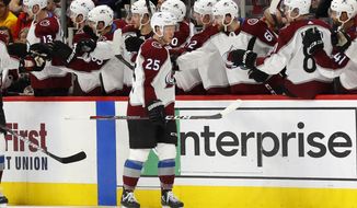 Colorado Avalanche right wing Logan O&#39;Connor (25) celebrates his goal against the Detroit Red Wings in the second period of an NHL hockey game Monday, March 2, 2020, in Detroit. (AP Photo/Paul Sancya)