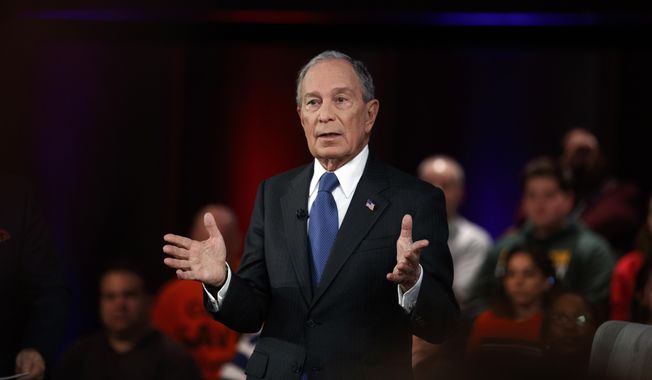 Then-Democratic presidential candidate former New York City Mayor Mike Bloomberg speaks during a Fox News town hall, co-moderated by FNC&#x27;s chief political anchor Bret Baier of Special Report and The Story anchor Martha MacCallum, at the Hylton Performing Arts Center in Manassas, Va., Monday, March 2, 2020. (AP Photo/Carolyn Kaster) ** FILE **