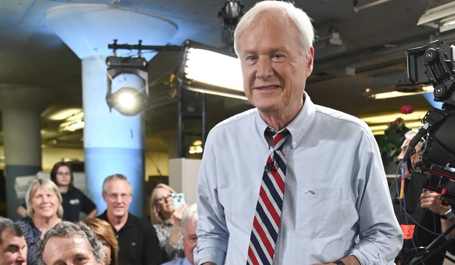 This June 17, 2019 photo released by MSNBC shows political pundit Chris Matthews in Dayton, Ohio. Matthews announced his retirement on his political talk show &amp;quot;Hardball with Chris Matthews&amp;quot; on Monday, March 2, 2020. (Stephen Cohen/MSNBC via AP)
