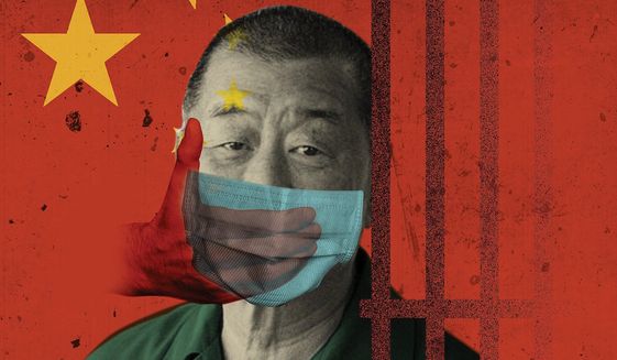 Illustration on the persecution of Jimmy Lai by Linas Garsys/The Washington Times