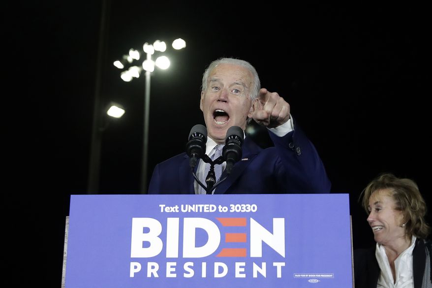 Democratic presidential candidate former Vice President Joe Biden speaks during a primary election night rally Tuesday, March 3, 2020, in Los Angeles. (AP Photo/Marcio Jose Sanchez)