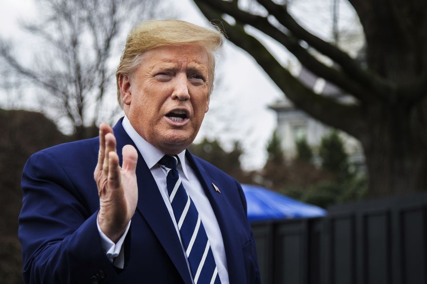 President Donald Trump speaks to members of the media before leaving the White House, Tuesday, March 3, 2020, in Washington, to visit the National Institutes of Health&#x27;s Vaccine Research Center in Bethesda, Md. (AP Photo/Manuel Balce Ceneta)
